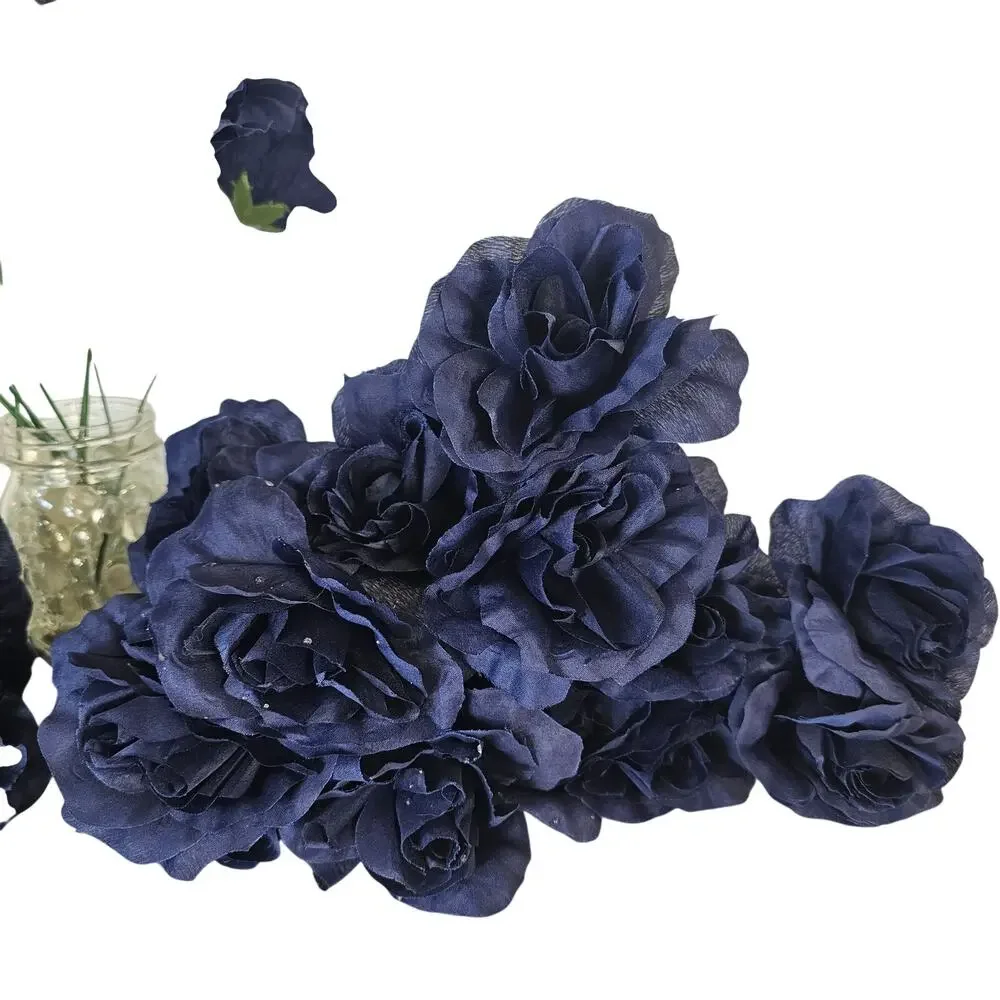 Navy Blue Artificial Roses 3in Fluffy Silk Flowers Stems Wedding Craft Lot of 20